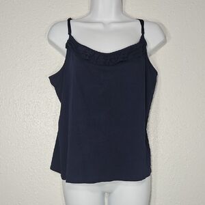 Talbots Petites Navy Blue Ruffle Trim 100% Pima Cotton Super Soft tank tee L